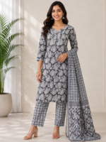 Women’s Grey and White Printed Suit Set with Kurta Pant and Dupatta