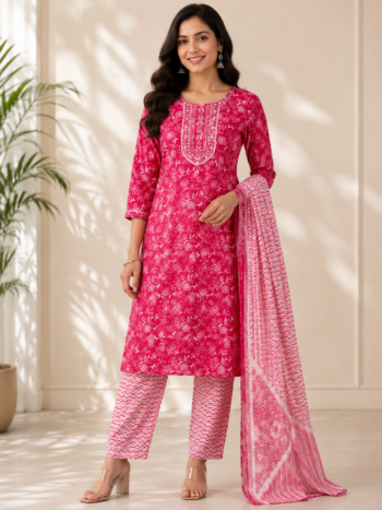 Elegant pink floral cotton suit set for women