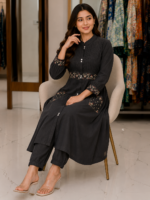 Black cotton suit set with floral print for women
