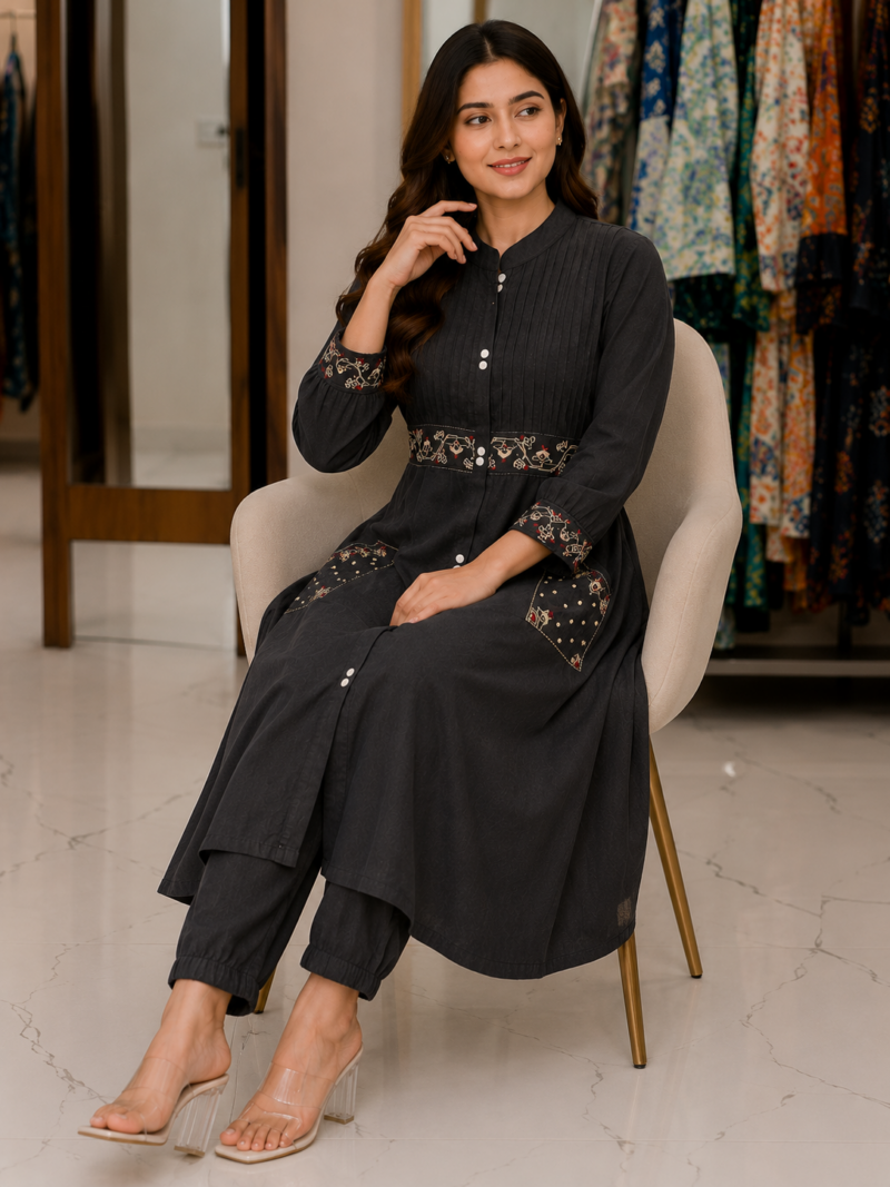 Black Cotton Suit Set Floral Print Black cotton suit set with floral print for women