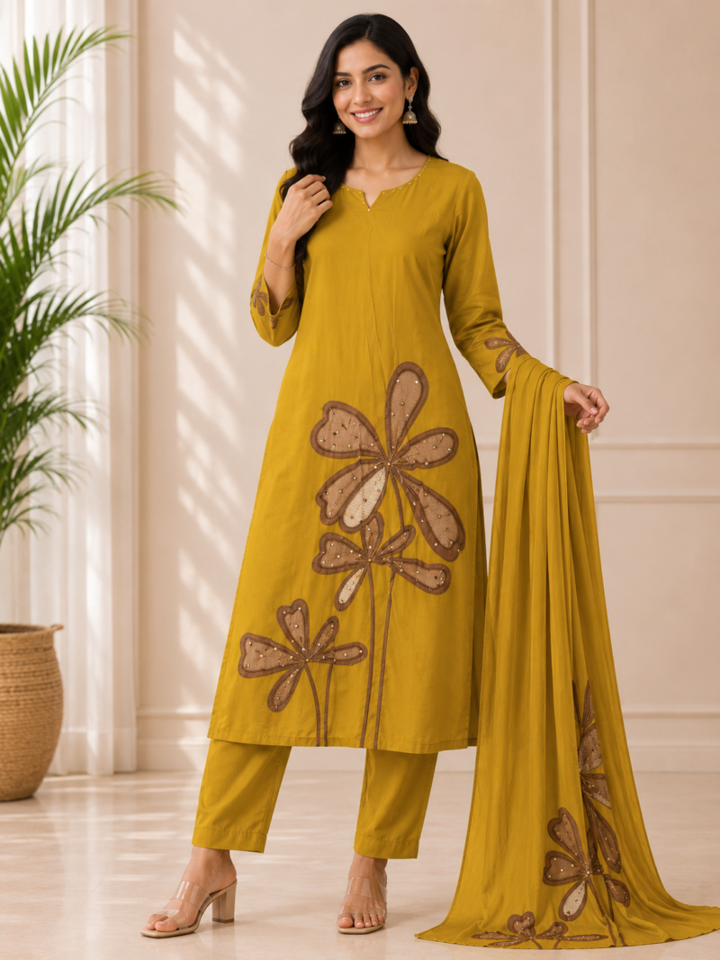 Yellow Embroidered Suit Set Elegant Festive Style Yellow Embroidered Suit Set Elegant Festive Style