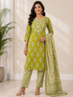 Green Floral Suit Set Elegant Cotton Ethnic Wear