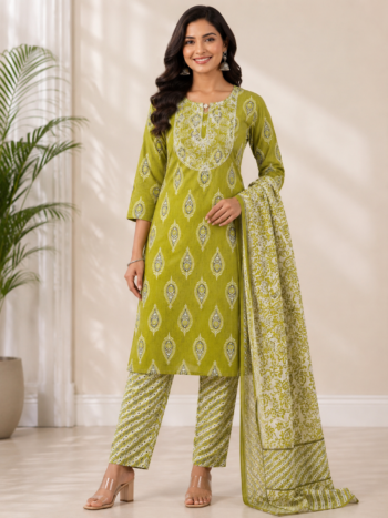 Green Floral Suit Set Elegant Cotton Ethnic Wear