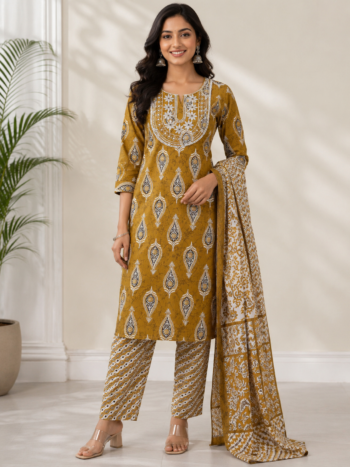 Mustard Cotton Suit Set for Women