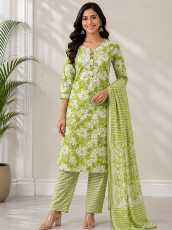 Green Cotton Suit Set for Everyday Wear