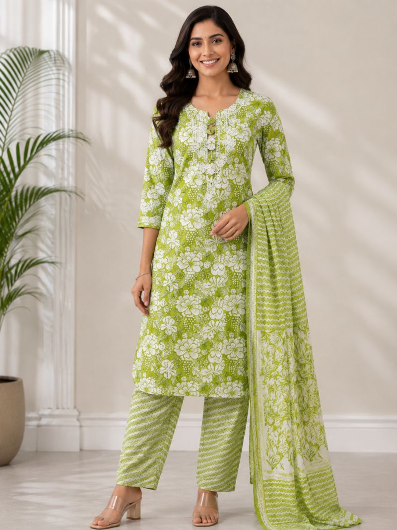 Green Cotton Suit Set for Everyday Wear Green Cotton Suit Set for Everyday Wear