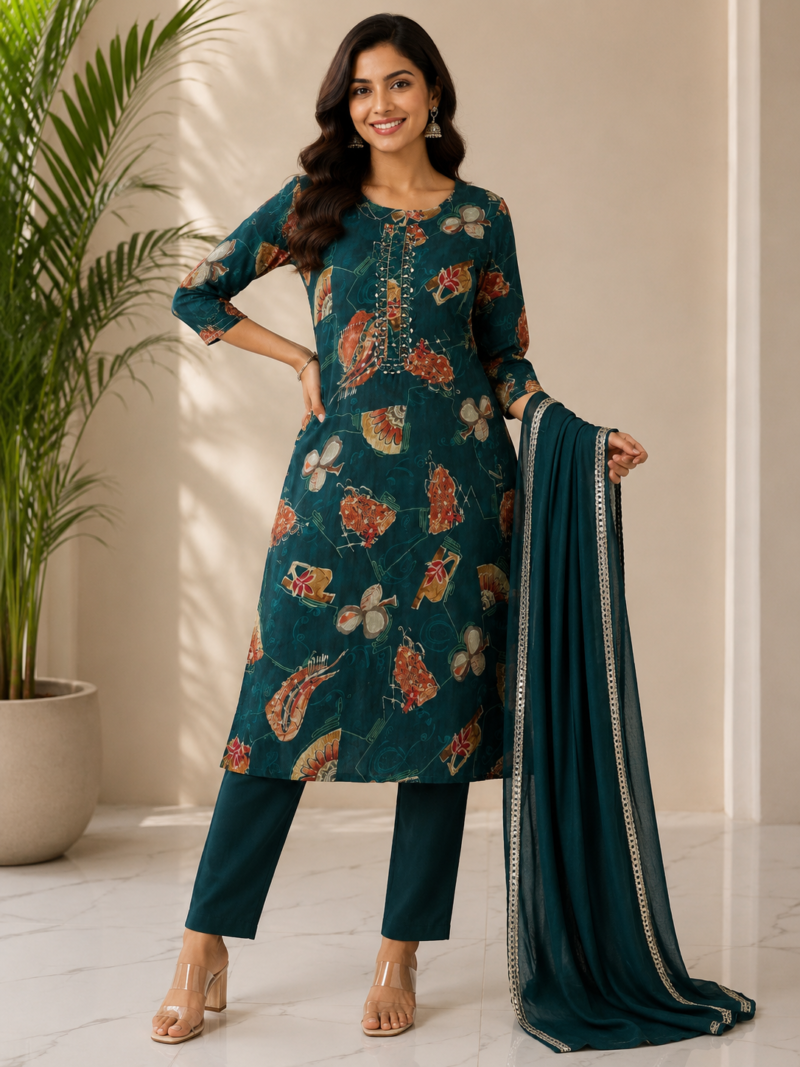 Teal Printed Suit Set Modern Ethnic Style Teal printed suit set modern ethnic style
