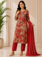 Red ethnic suit set contemporary traditional style
