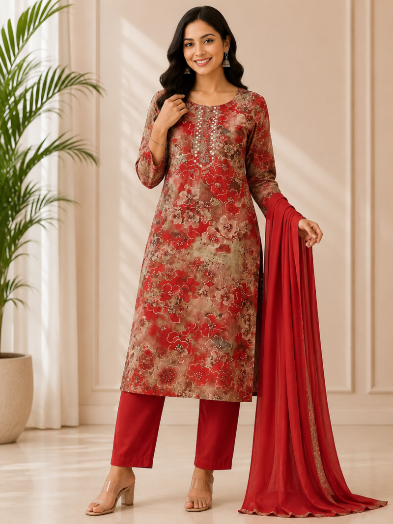 Red ethnic suit set contemporary traditional style Red ethnic suit set contemporary traditional style