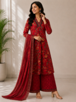 Red printed suit set with floral design for women
