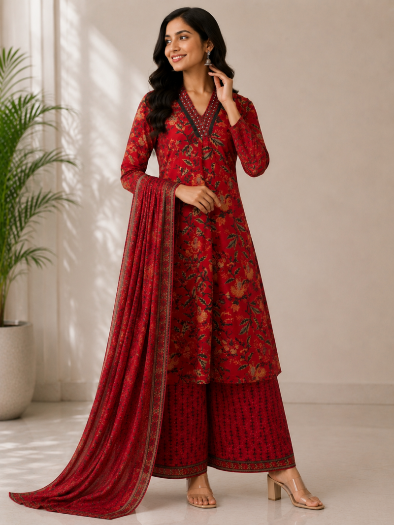 Red Printed Suit Set Floral Design Red printed suit set with floral design for women
