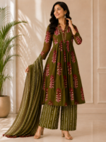 Olive green suit set with floral print for women