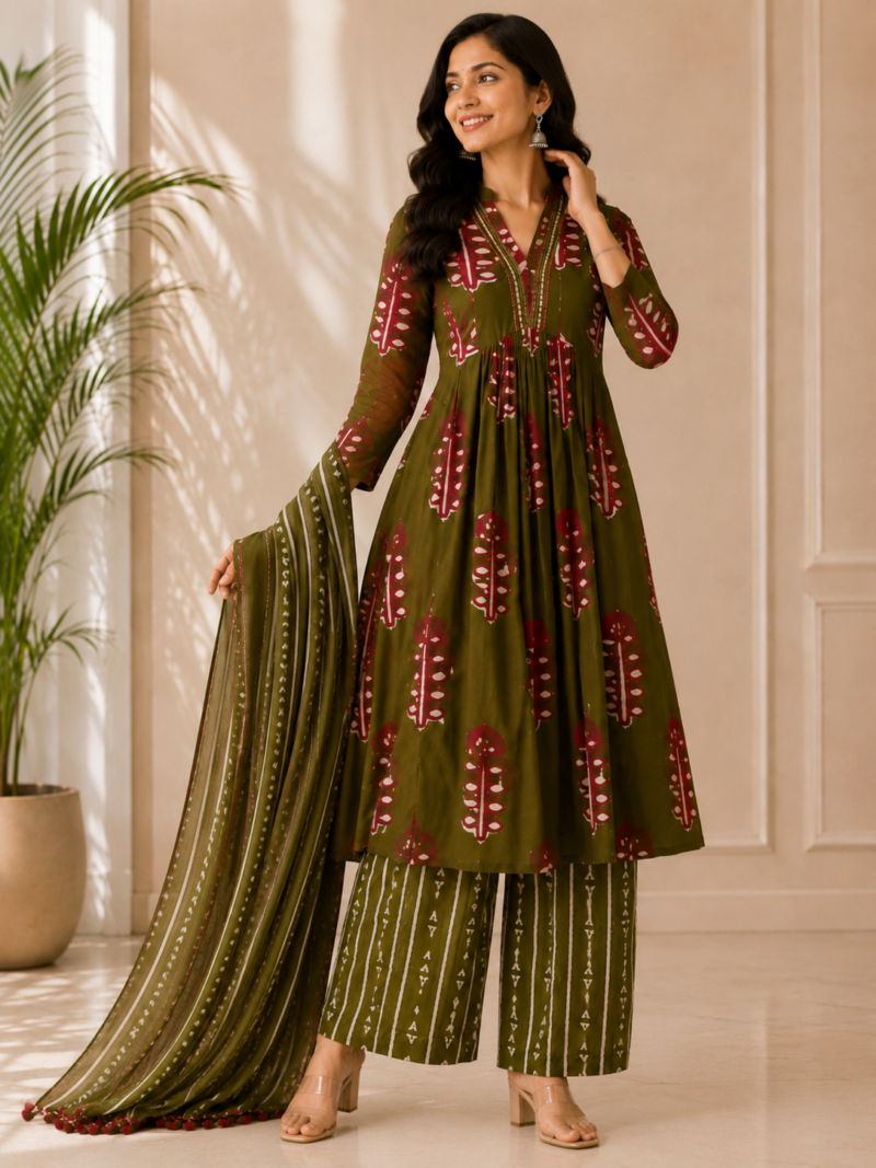 Olive Green Suit Set Floral Print Olive green suit set with floral print for women