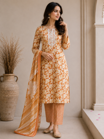 Orange floral suit set beautiful printed style