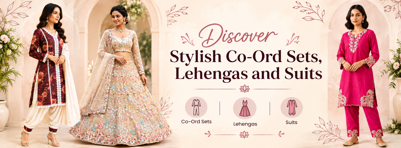 Ethnic fashion for women featuring a printed co-ord set, designer lehenga, and elegant suit set.