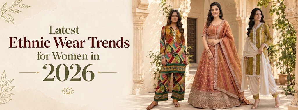 Latest Ethnic Wear Trends for Women in 2026 featuring a model in an elegant peach embroidered lehenga with matching dupatta.