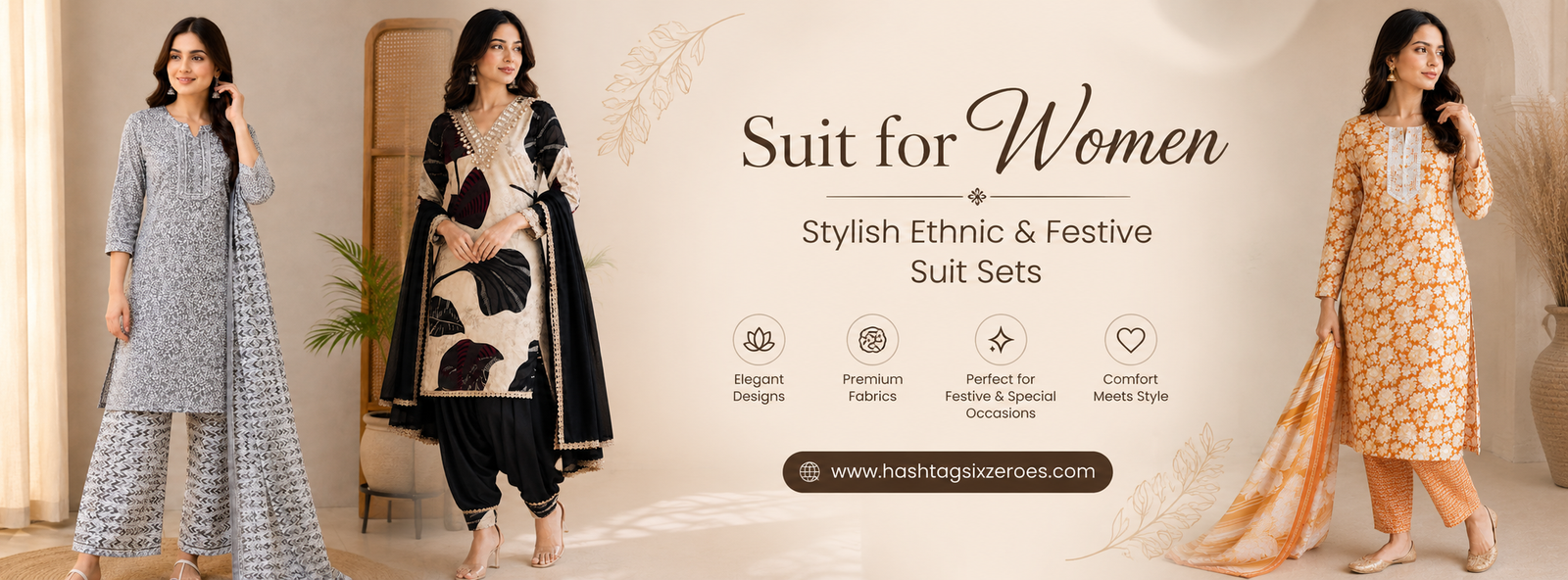 Stylish ethnic and festive suit sets for women featuring elegant printed kurta sets in grey, black, cream, burgundy, and orange with matching bottoms and dupattas.